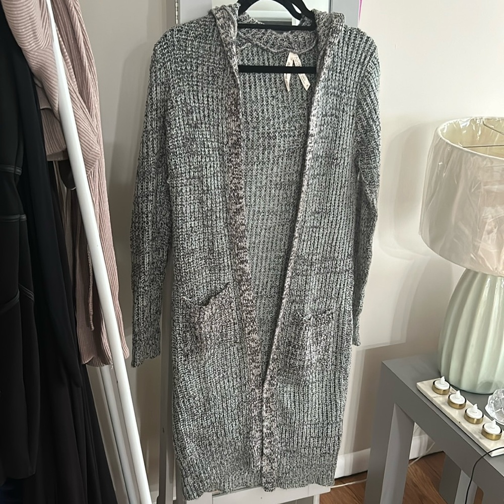 Grey Hooded Cardigan Ashley By 26 International Long Open Front Ribbed Knit - Picture 1 of 3